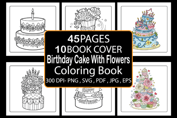 Birthday Cake with Flowers Coloring Book