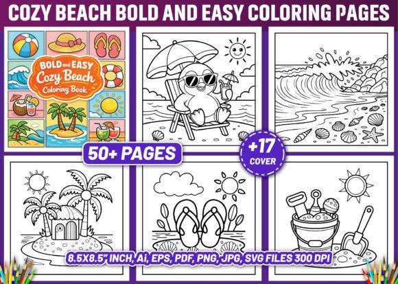 BOLD and EASY COZY BEACH Coloring Pages Graphics