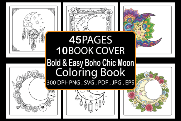 Bold Easy Boho Chic Moon Coloring Pages & Graphics