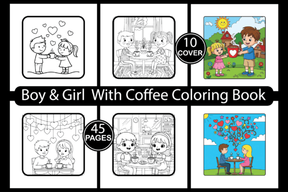 Boy Girl with Coffee Coloring Pages Graphics