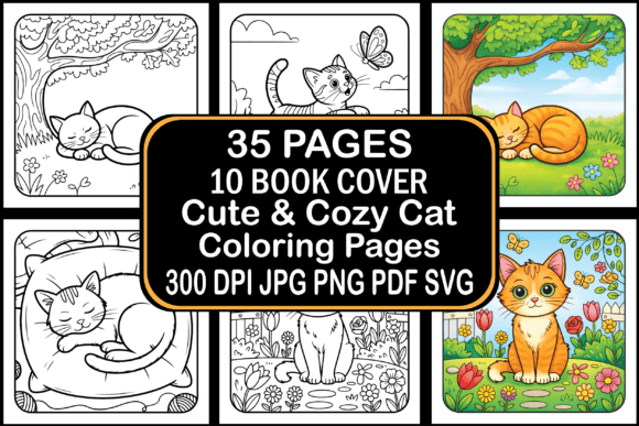 Cute Cozy Cat Coloring Pages: Graphics & Coloring Pages