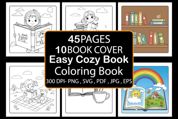 Easy Cozy Book Coloring Pages & Graphics